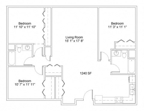 Floor plan for 3 beds, 2 baths, 1240 sqft